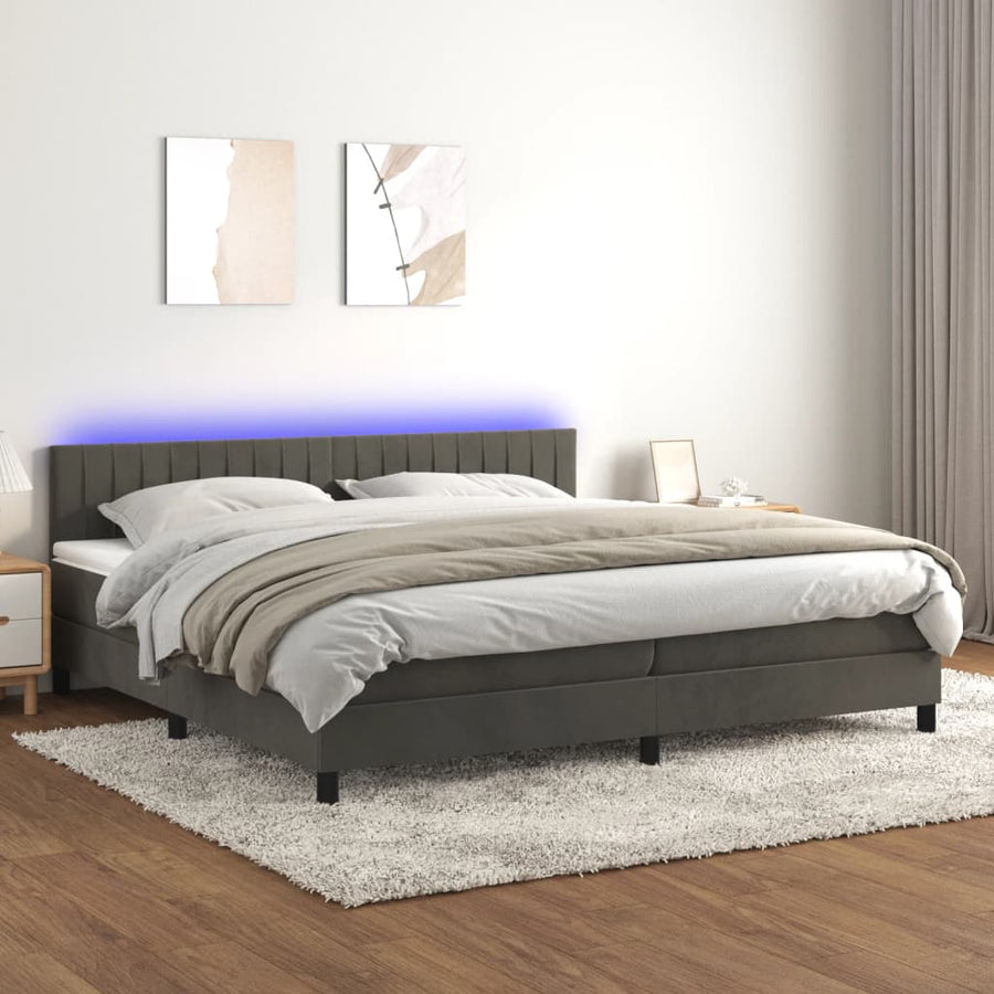 Boxspring Met Matras En Led Fluweel Donkergrijs 200 x 200 cm Verticale strepen