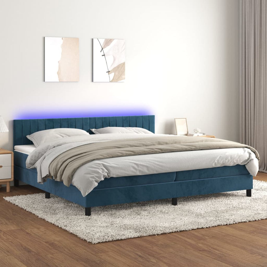 Boxspring Met Matras En Led Fluweel Donkerblauw 200 x 200 cm Verticale strepen