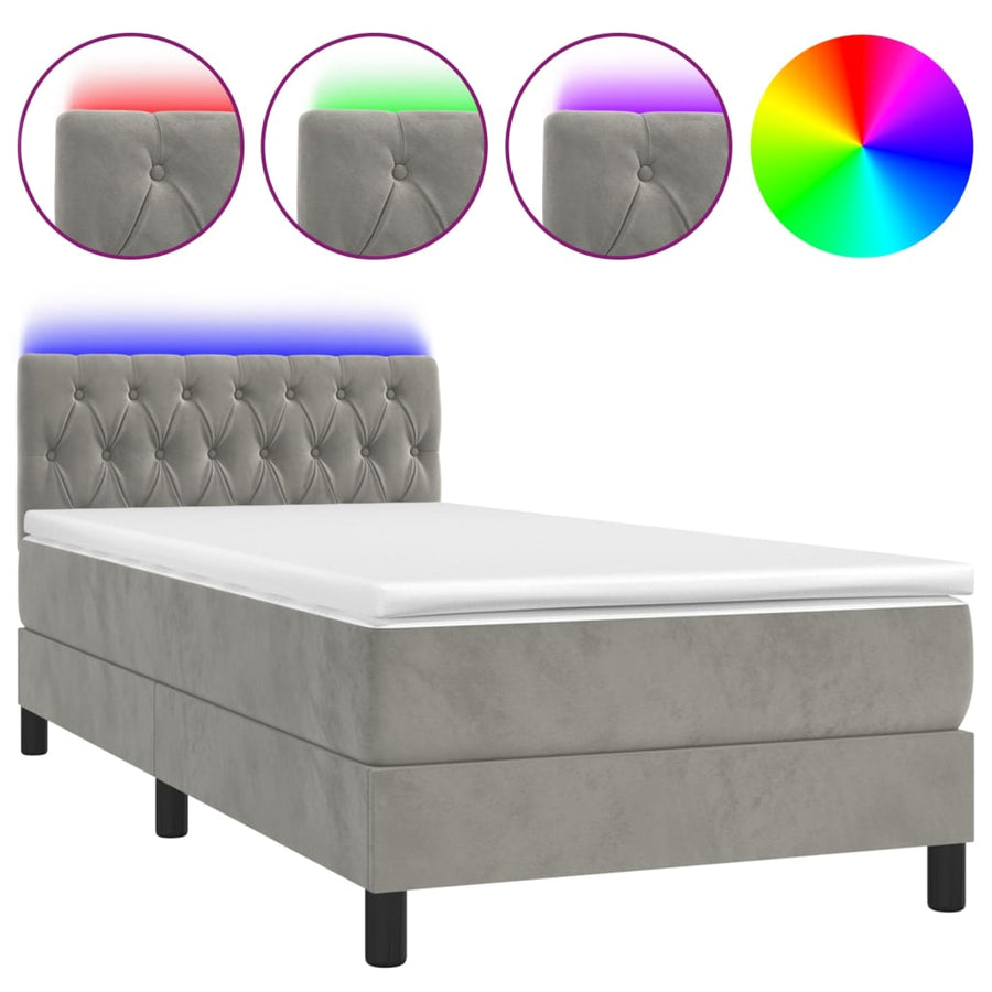 Boxspring Met Matras En Led Fluweel Lichtgrijs 90 x 200 cm Getuft ontwerp