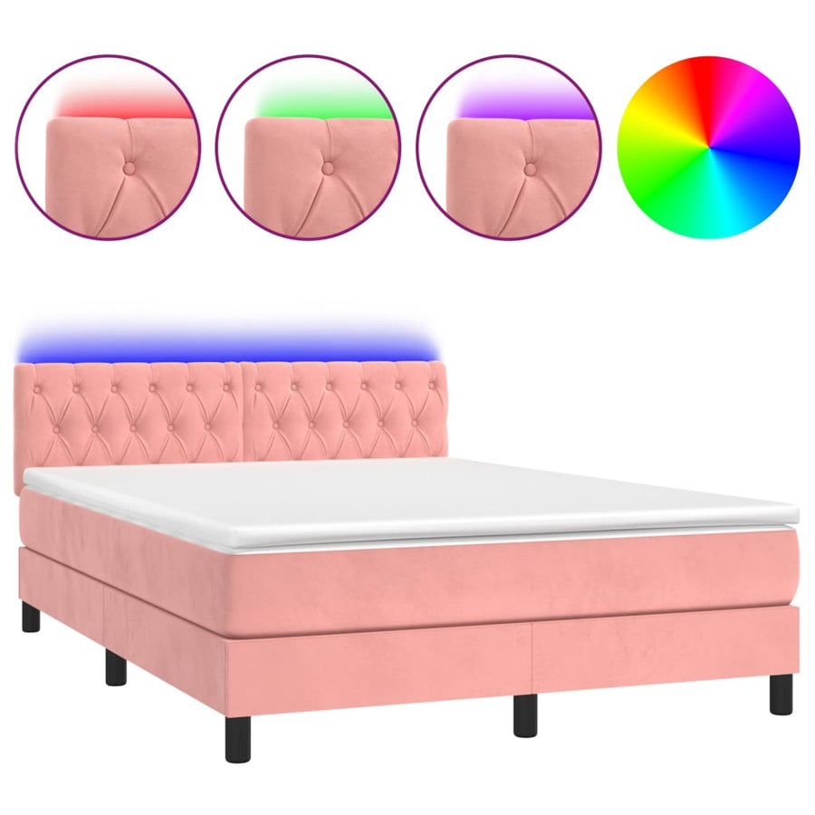 Boxspring Met Matras En Led Fluweel Roze 140 x 190 cm Getuft ontwerp