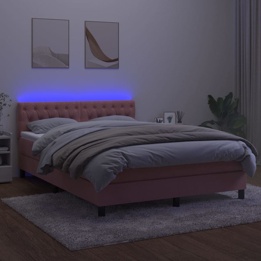Boxspring Met Matras En Led Fluweel Roze 140 x 190 cm Getuft ontwerp
