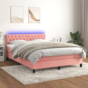 Box spring with mattress and LED velvet pink 140x190 cm