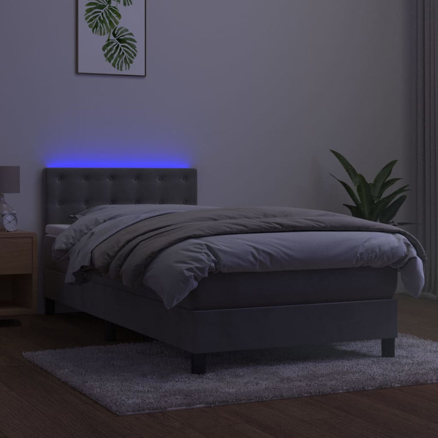 Boxspring Met Matras En Led Fluweel Lichtgrijs 90 x 200 cm Knopen