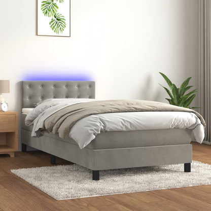 Boxspring Met Matras En Led Fluweel Lichtgrijs 90 x 200 cm Knopen