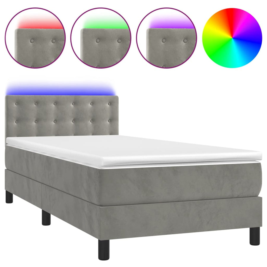 Boxspring Met Matras En Led Fluweel Lichtgrijs 100 x 200 cm Knopen