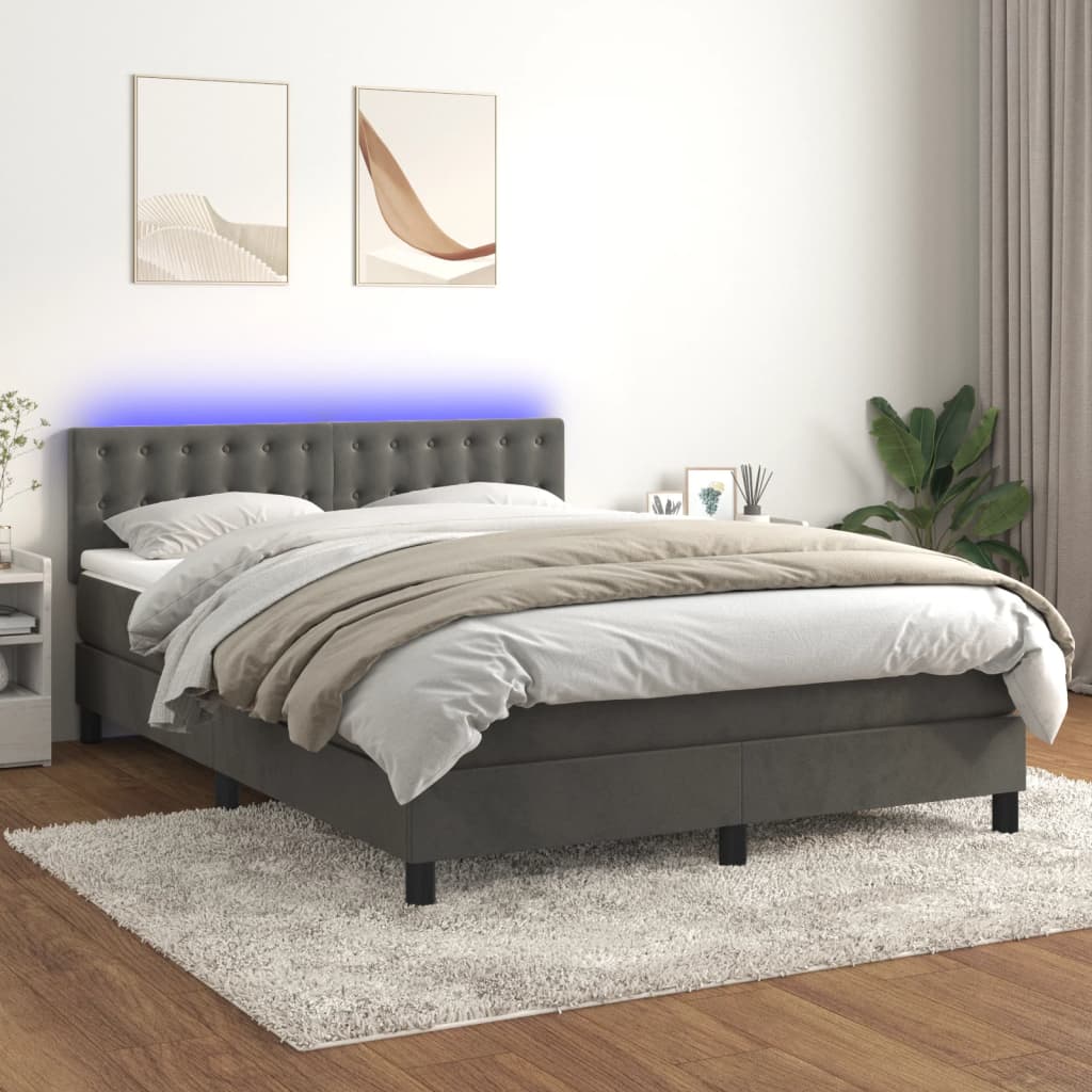 Boxspring Met Matras En Led Fluweel Donkergrijs 140 x 190 cm Knopen