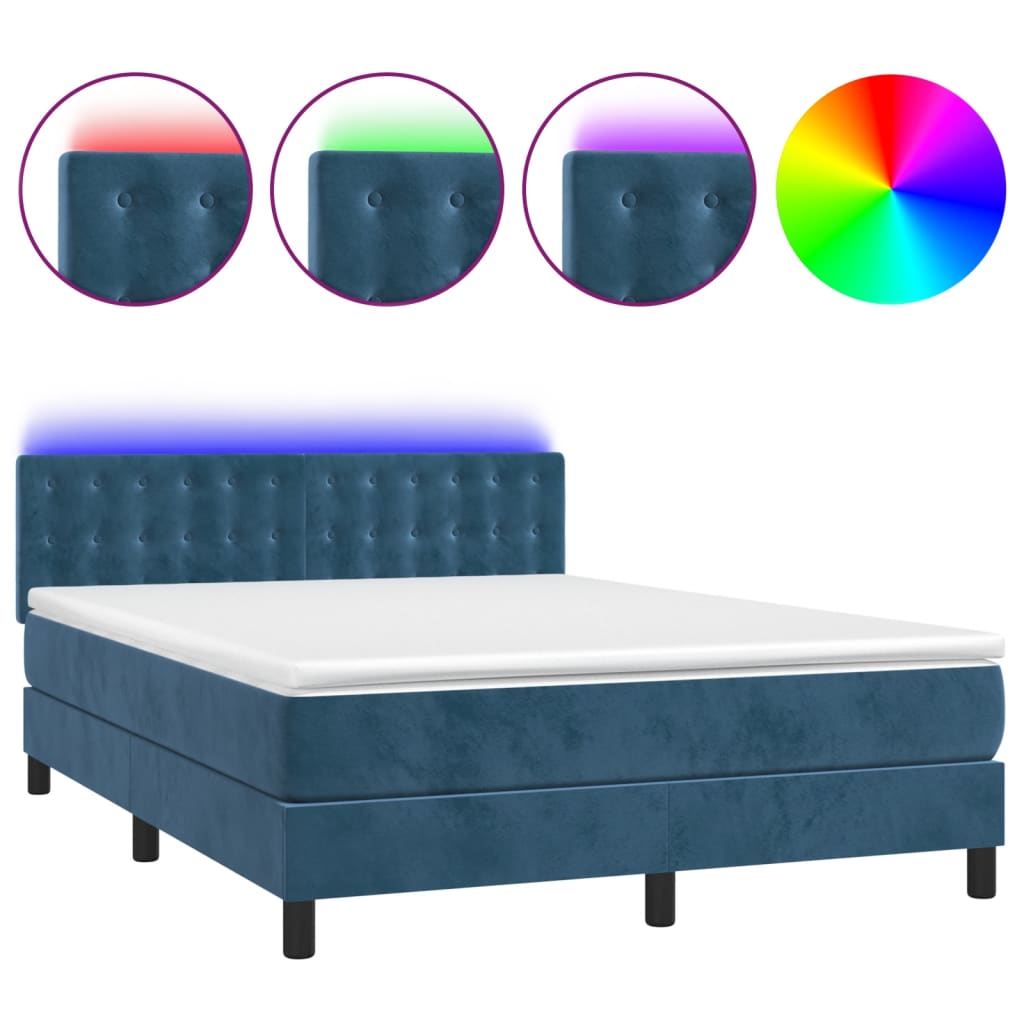 Boxspring Met Matras En Led Fluweel Donkerblauw 140 x 190 cm Knopen