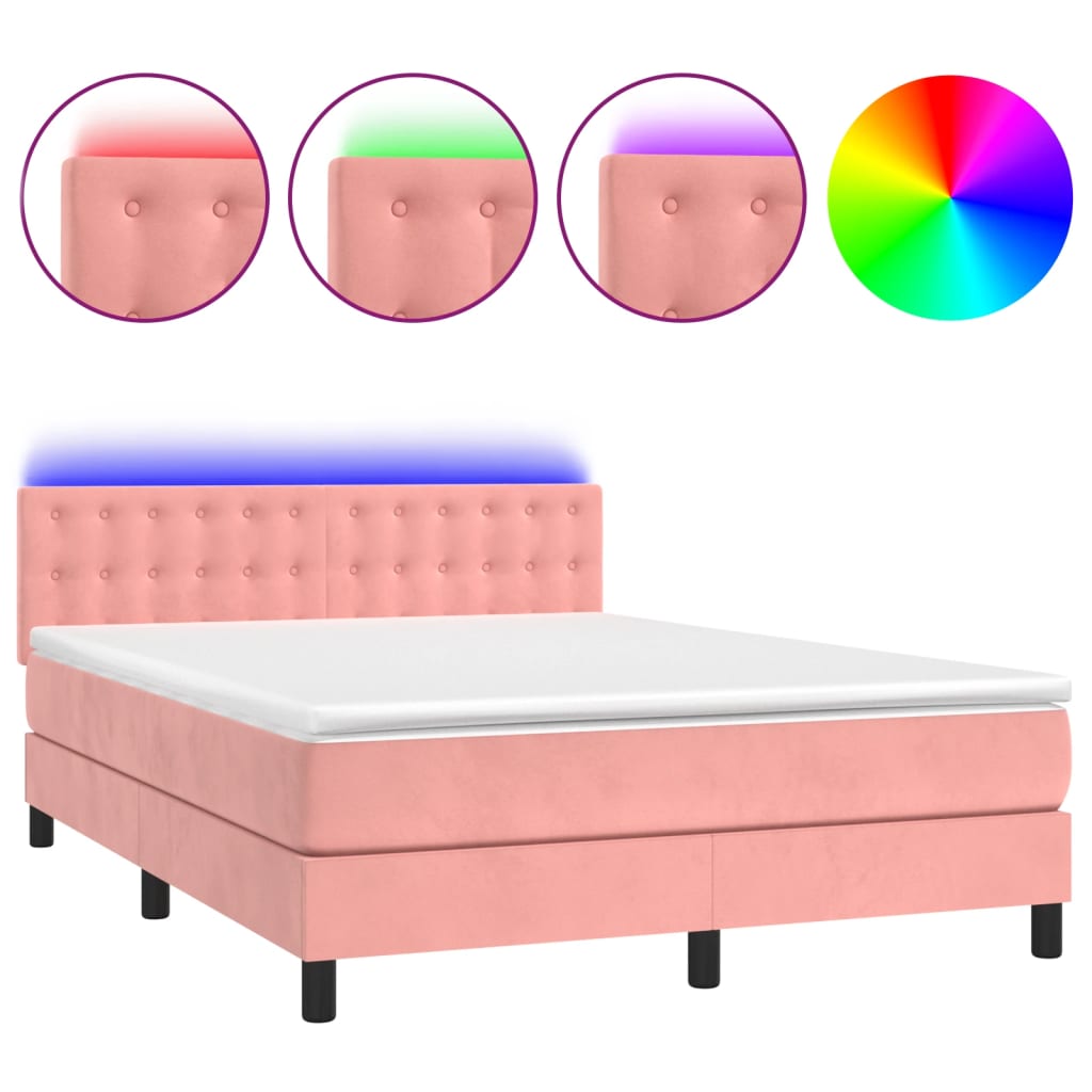 Boxspring Met Matras En Led Fluweel Roze 140 x 190 cm Knopen