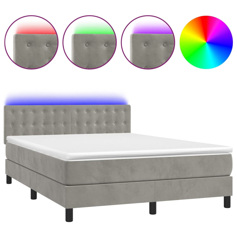 Boxspring Met Matras En Led Fluweel Lichtgrijs 140 x 200 cm Knopen