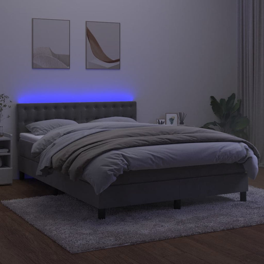 Boxspring Met Matras En Led Fluweel Lichtgrijs 140 x 200 cm Knopen