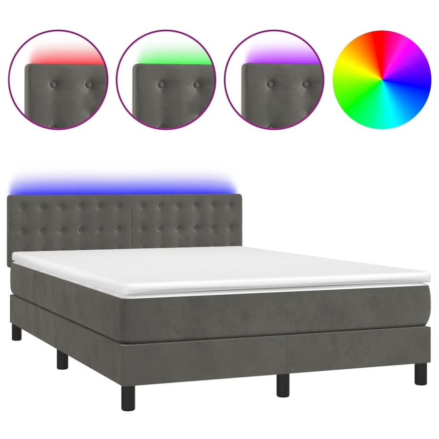 Boxspring Met Matras En Led Fluweel Donkergrijs 140 x 200 cm Knopen