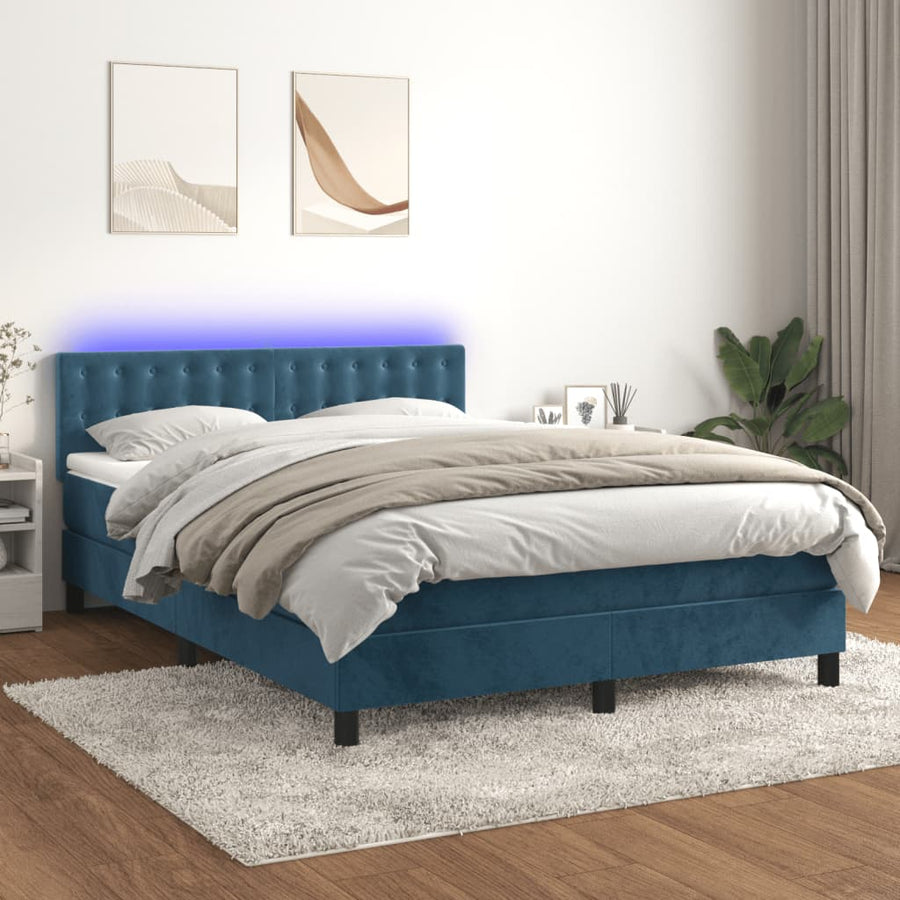 Boxspring Met Matras En Led Fluweel Donkerblauw 140 x 200 cm Knopen