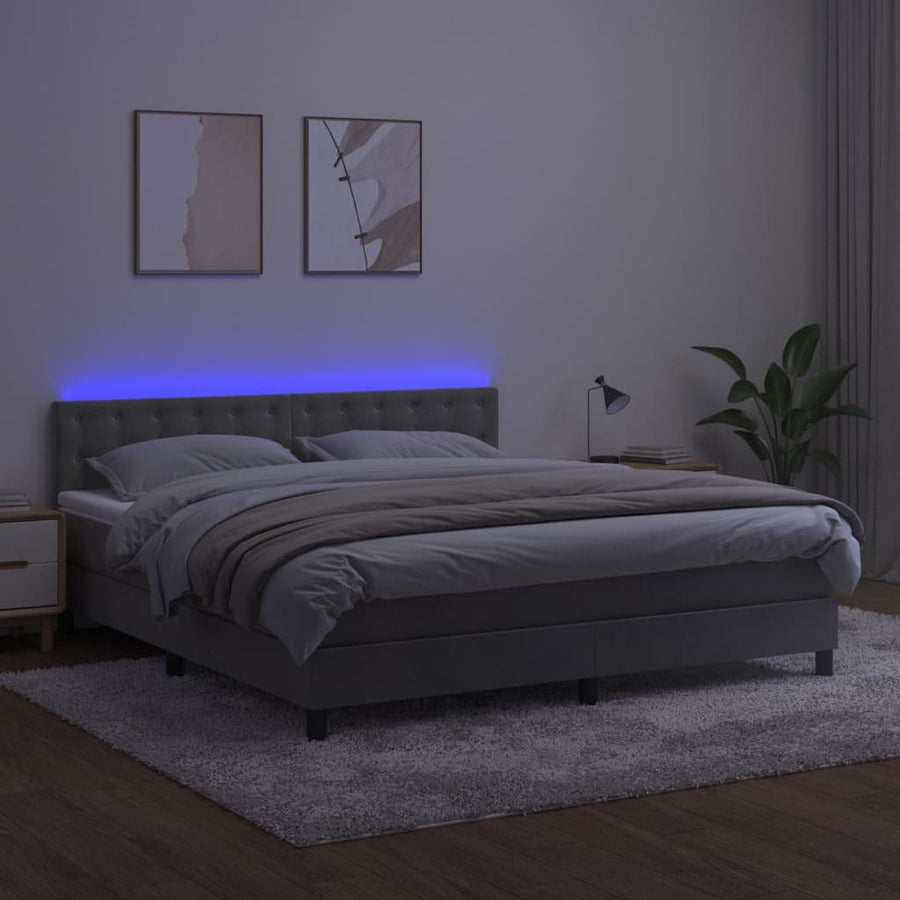 Boxspring Met Matras En Led Fluweel Lichtgrijs 160 x 200 cm Knopen