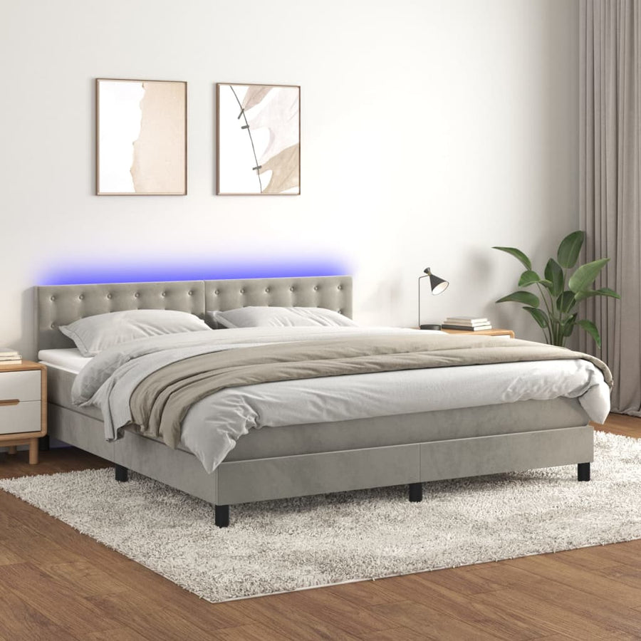 Boxspring Met Matras En Led Fluweel Lichtgrijs 160 x 200 cm Knopen