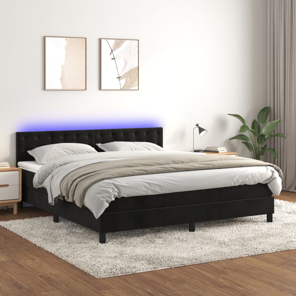 Boxspring Met Matras En Led Fluweel Zwart 160 x 200 cm Knopen