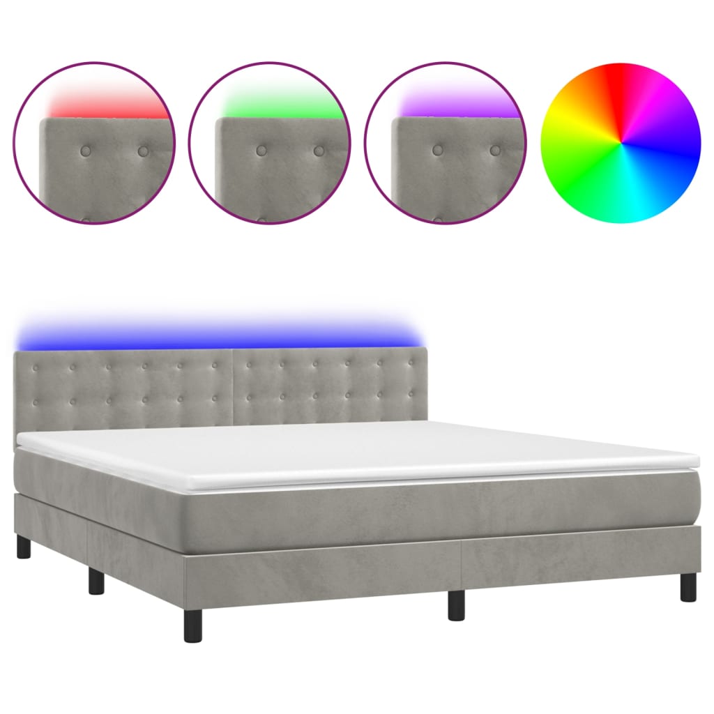 Boxspring Met Matras En Led Fluweel Lichtgrijs 180 x 200 cm Knopen