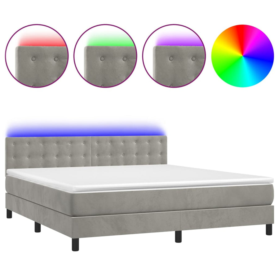 Boxspring Met Matras En Led Fluweel Lichtgrijs 180 x 200 cm Knopen