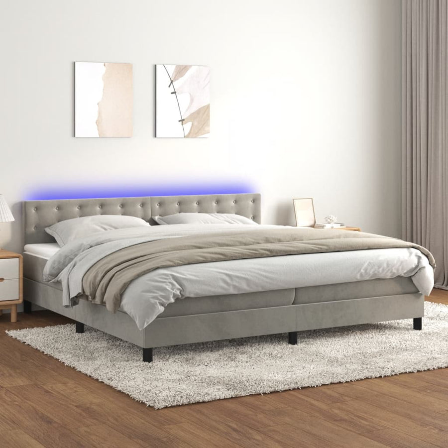 Boxspring Met Matras En Led Fluweel Lichtgrijs 200 x 200 cm Knopen