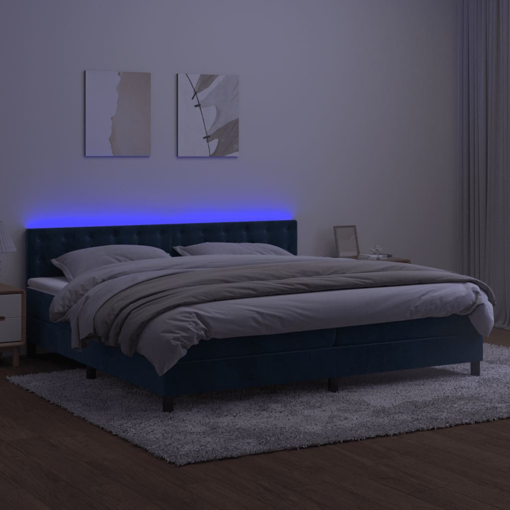Boxspring Met Matras En Led Fluweel Donkerblauw 200 x 200 cm Knopen