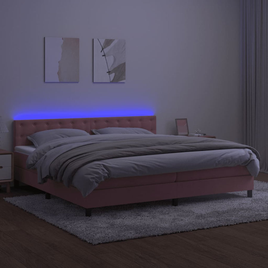 Boxspring Met Matras En Led Fluweel Roze 200 x 200 cm Knopen