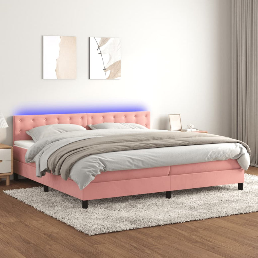 Boxspring Met Matras En Led Fluweel Roze 200 x 200 cm Knopen