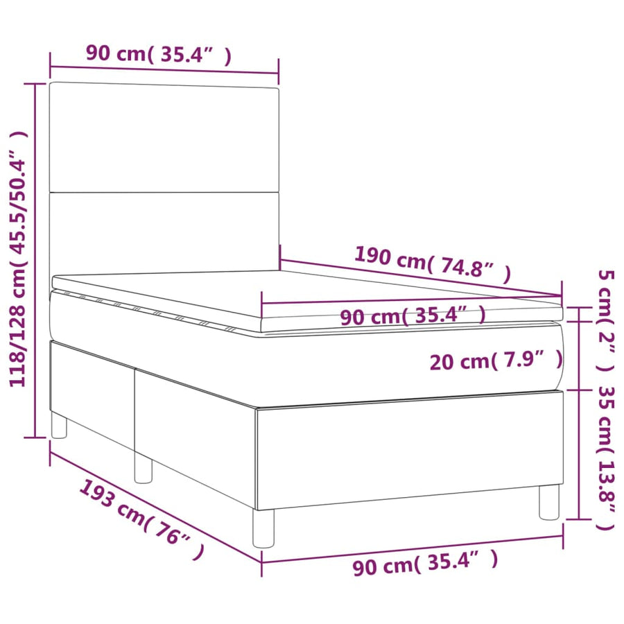 Boxspring met matras en LED stof lichtgrijs 90x190 cm 90 x 190 cm Effen ontwerp