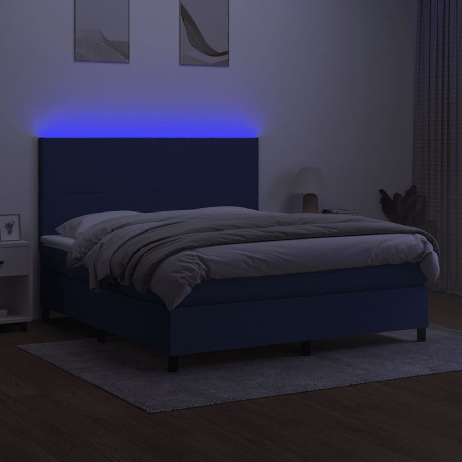 Boxspring Met Matras En Led Stof Blauw 160X200 Cm Blauw 160 x 200 cm Effen ontwerp