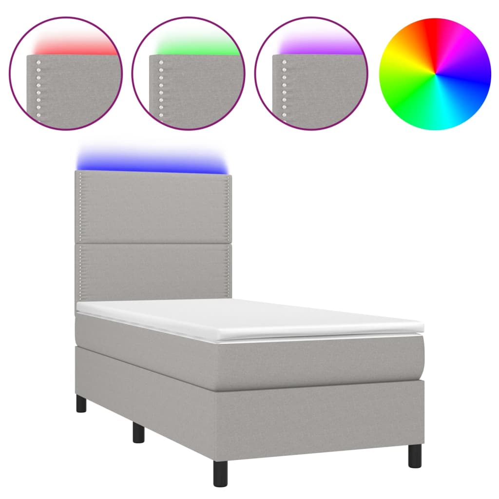 Boxspring met matras en LED stof lichtgrijs 90x200 cm 90 x 200 cm Effen met spijkers