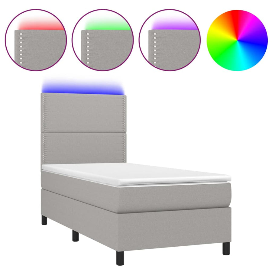 Boxspring met matras en LED stof lichtgrijs 100x200 cm 100 x 200 cm Effen met spijkers