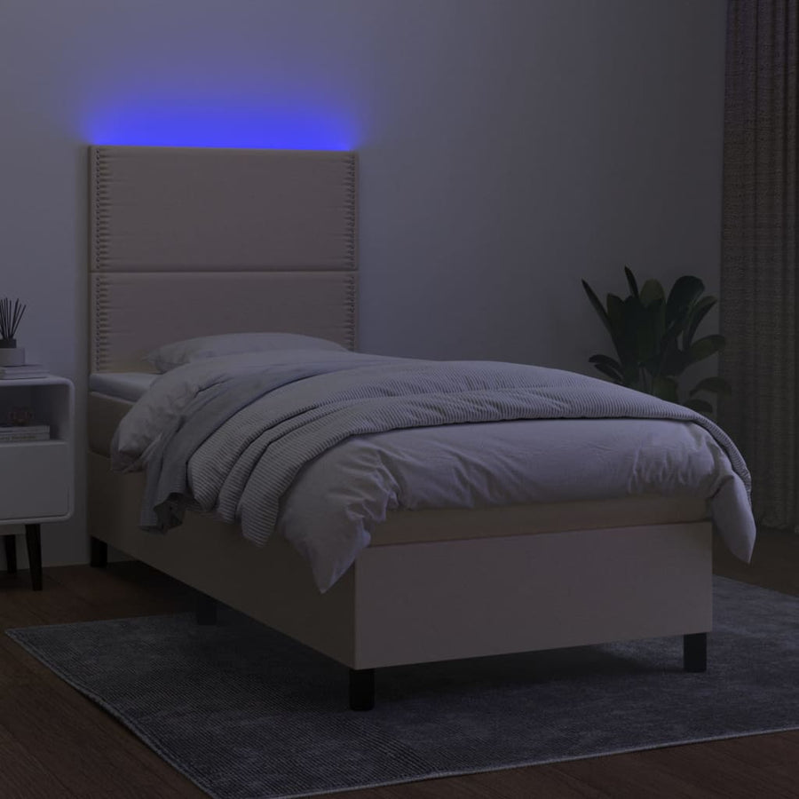 Boxspring met matras en LED stof crèmekleurig 100x200 cm 100 x 200 cm Effen met spijkers
