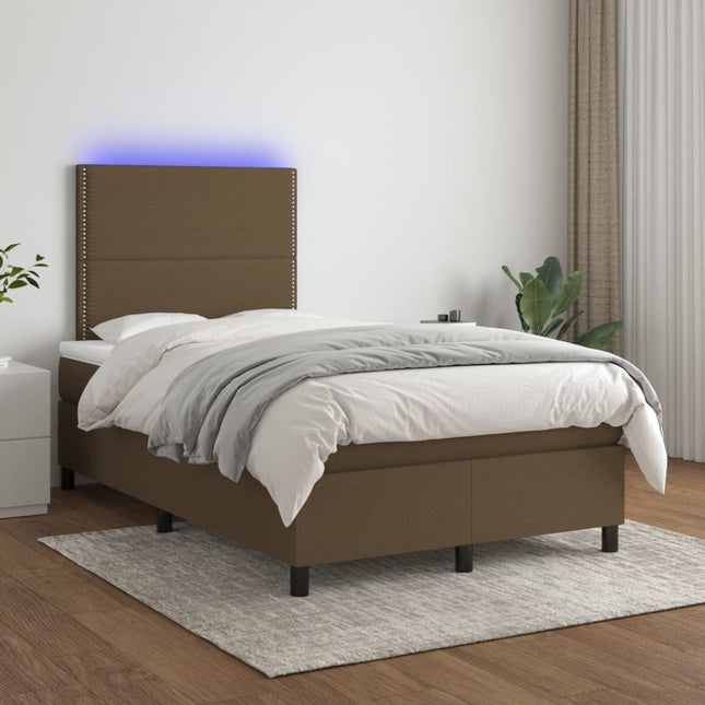 Boxspring met matras en LED stof donkerbruin 120x200 cm 120 x 200 cm Effen met spijkers