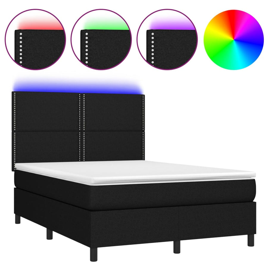 Boxspring Met Matras En Led Stof Zwart 140 x 190 cm Effen met spijkers