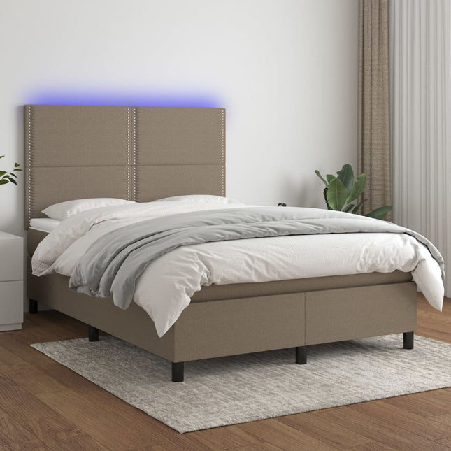 Boxspring met matras en LED stof taupe 140x190 cm 140 x 190 cm Effen met spijkers