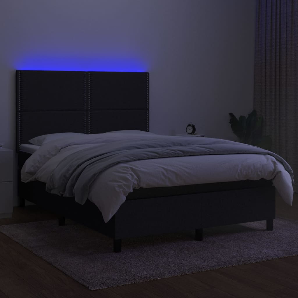 Boxspring Met Matras En Led Stof Zwart 140 x 200 cm Effen met spijkers