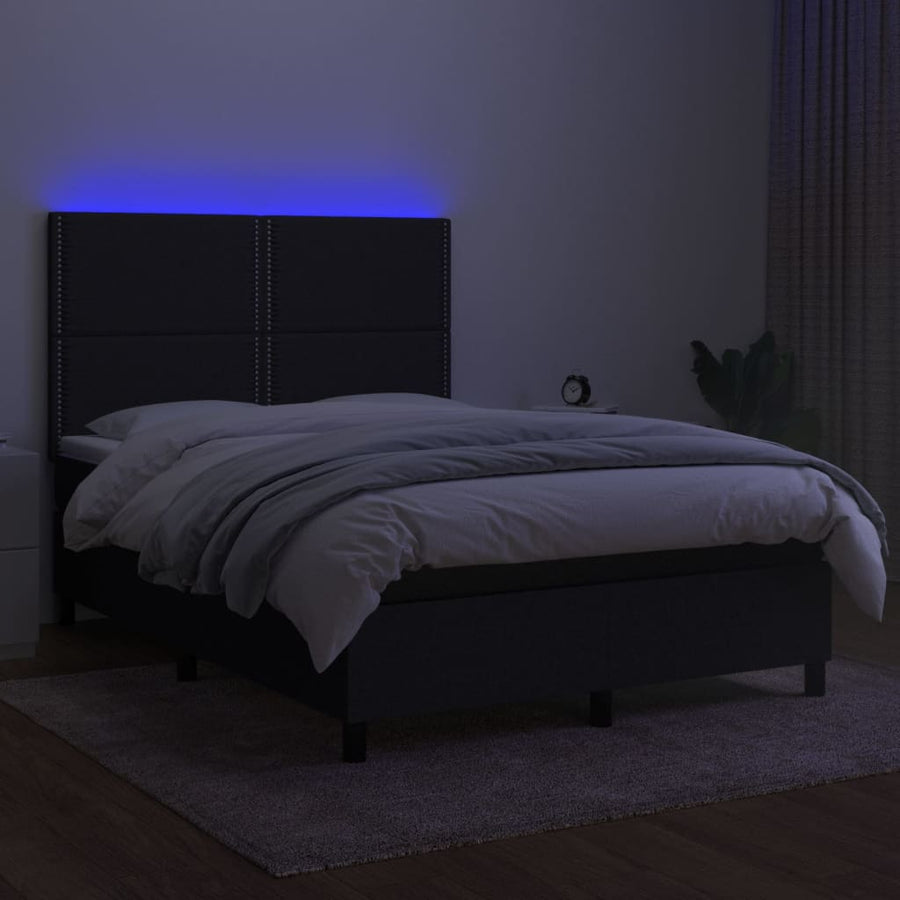 Boxspring Met Matras En Led Stof Zwart 140 x 200 cm Effen met spijkers