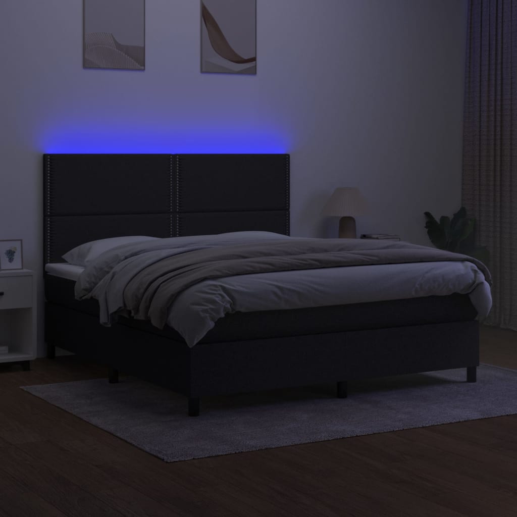 Boxspring Met Matras En Led Stof Zwart 160 x 200 cm Effen met spijkers