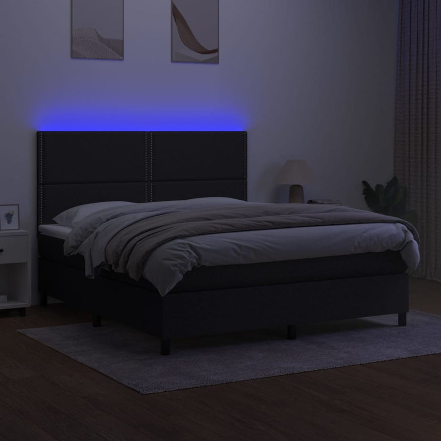 Boxspring Met Matras En Led Stof Zwart 180 x 200 cm Effen met spijkers