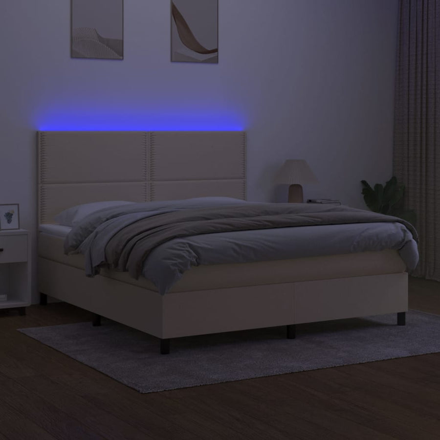 Boxspring Met Matras En Led Stof Crèmekleurig 180X200 Cm 180 x 200 cm Effen met spijkers
