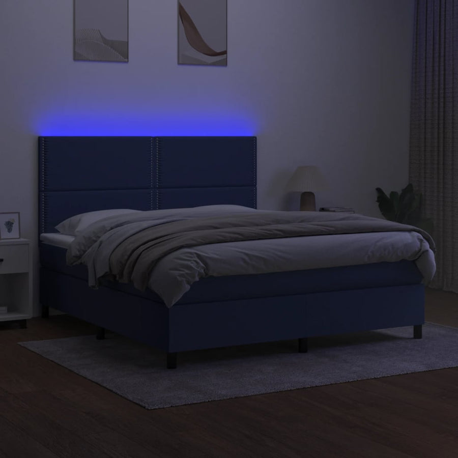 Boxspring Met Matras En Led Stof Blauw 180 x 200 cm Effen met spijkers