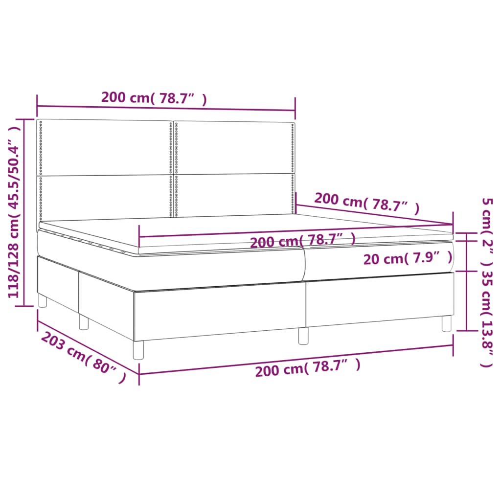 Boxspring Met Matras En Led Stof Zwart 200 x 200 cm Effen met spijkers