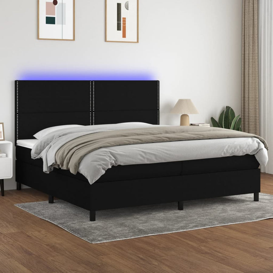 Boxspring Met Matras En Led Stof Zwart 200 x 200 cm Effen met spijkers