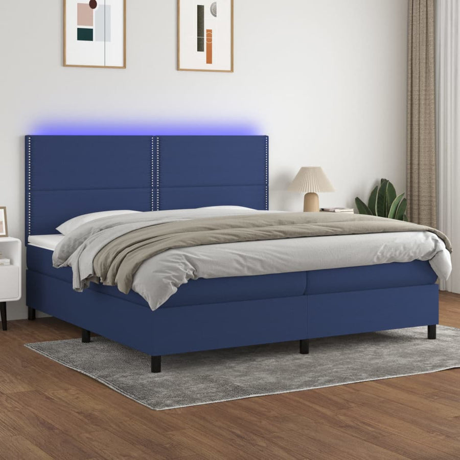 Boxspring Met Matras En Led Stof Blauw 200 x 200 cm Effen met spijkers
