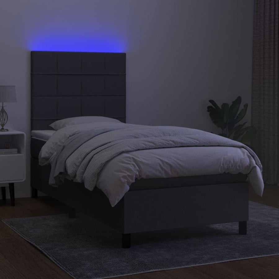 Boxspring Met Matras En Led Stof Donkergrijs 90 x 200 cm Blok met vierkanten