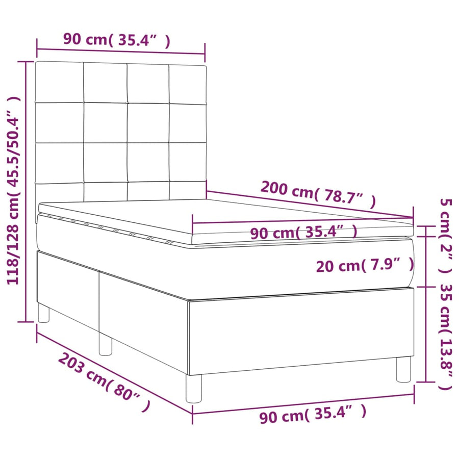 Boxspring Met Matras En Led Stof 80X200 Cm Donkerbruin 90 x 200 cm Blok met vierkanten