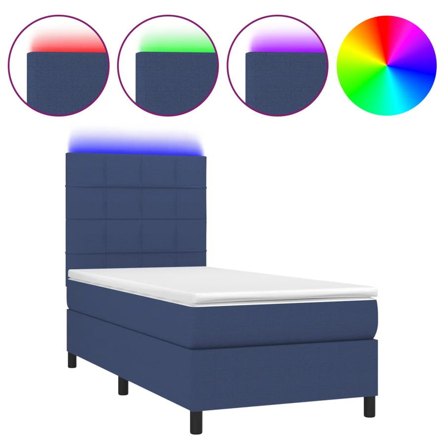 Boxspring Met Matras En Led Stof Blauw 90 x 200 cm Blok met vierkanten