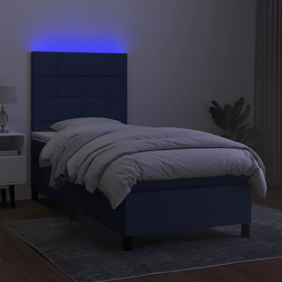 Boxspring Met Matras En Led Stof Blauw 90 x 200 cm Blok met vierkanten
