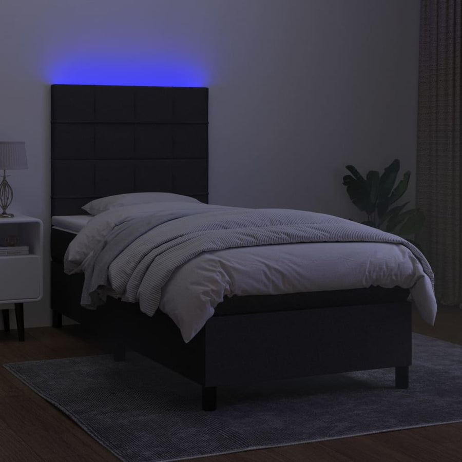 Boxspring Met Matras En Led Stof Zwart 100 x 200 cm Blok met vierkanten