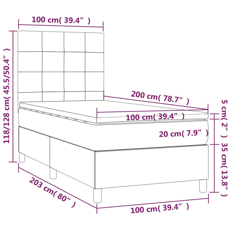 Boxspring Met Matras En Led Stof Zwart 100 x 200 cm Blok met vierkanten