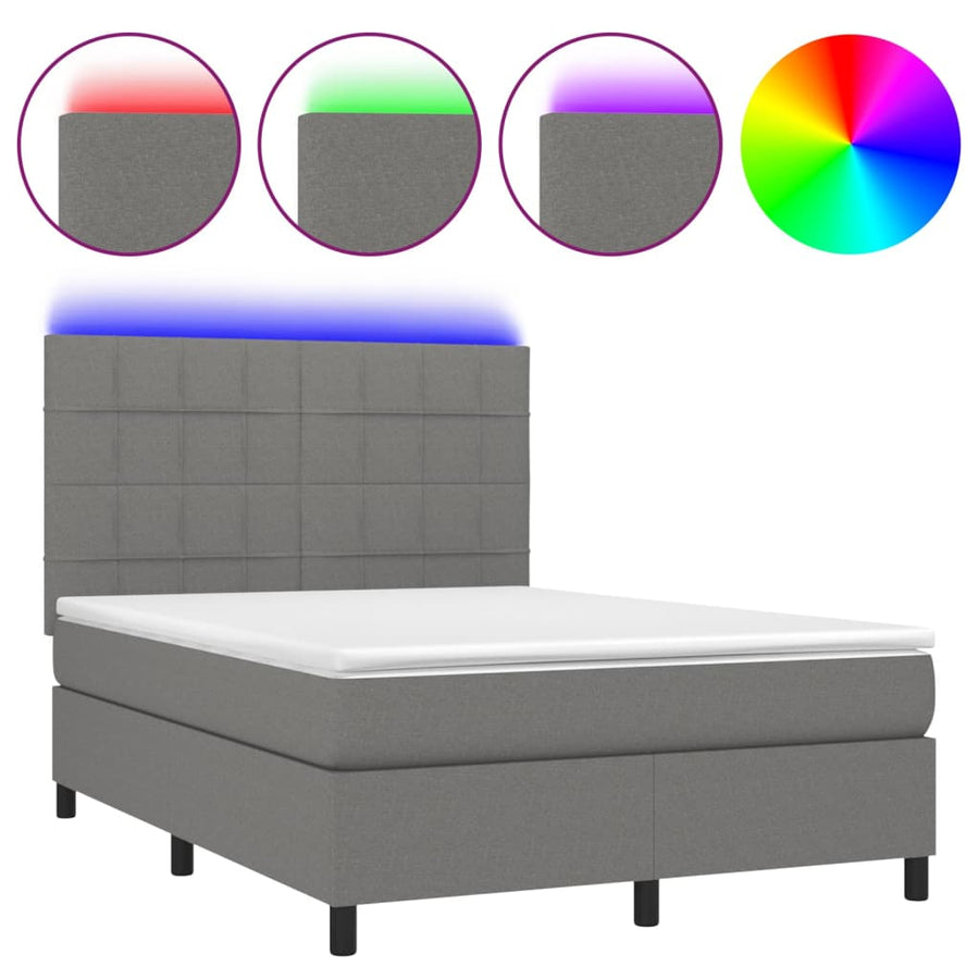 Boxspring Met Matras En Led Stof Donkergrijs 140 x 190 cm Blok met vierkanten
