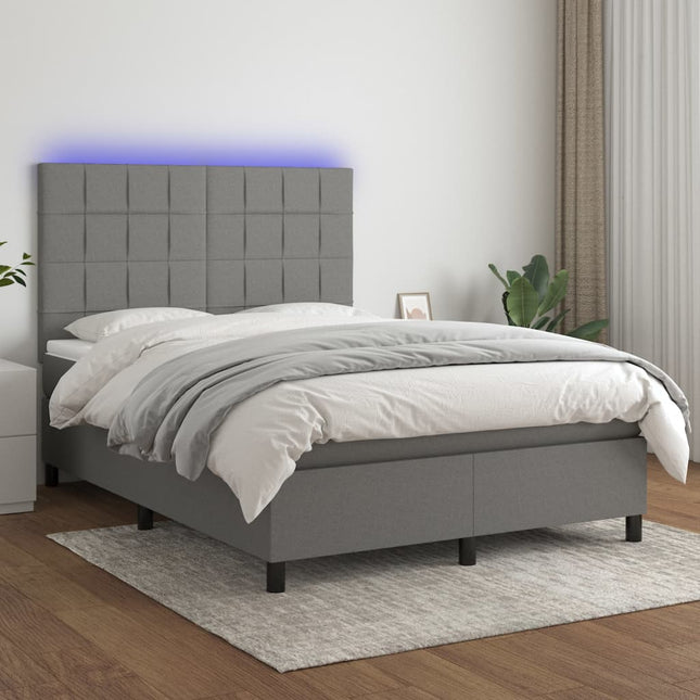 Boxspring Met Matras En Led Stof Donkergrijs 140 x 190 cm Blok met vierkanten